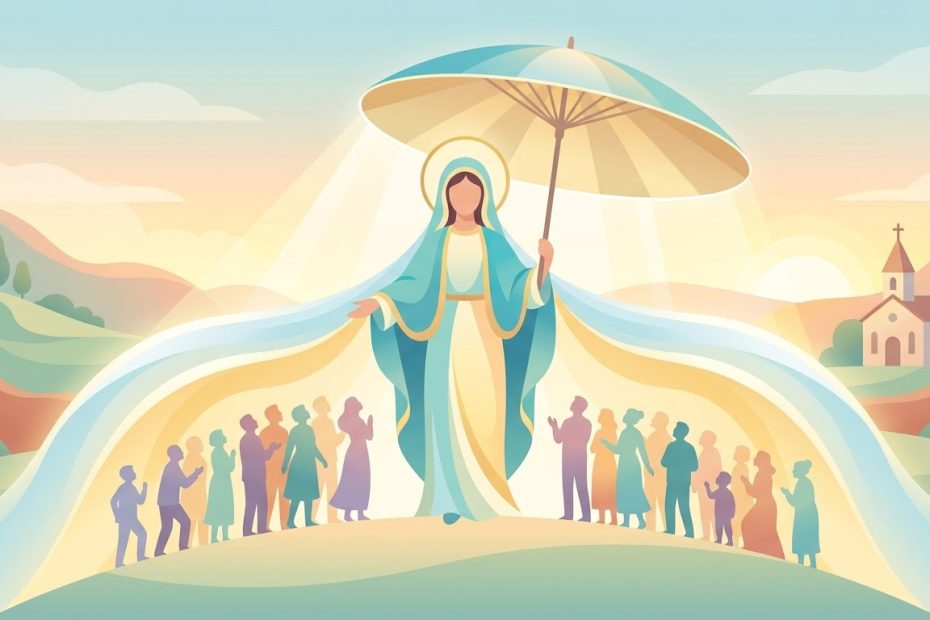 Vierge au Parasol Refuge des Pécheurs - la Vierge Marie abritant des silhouettes sous un grand parasol ou manteau de lumière